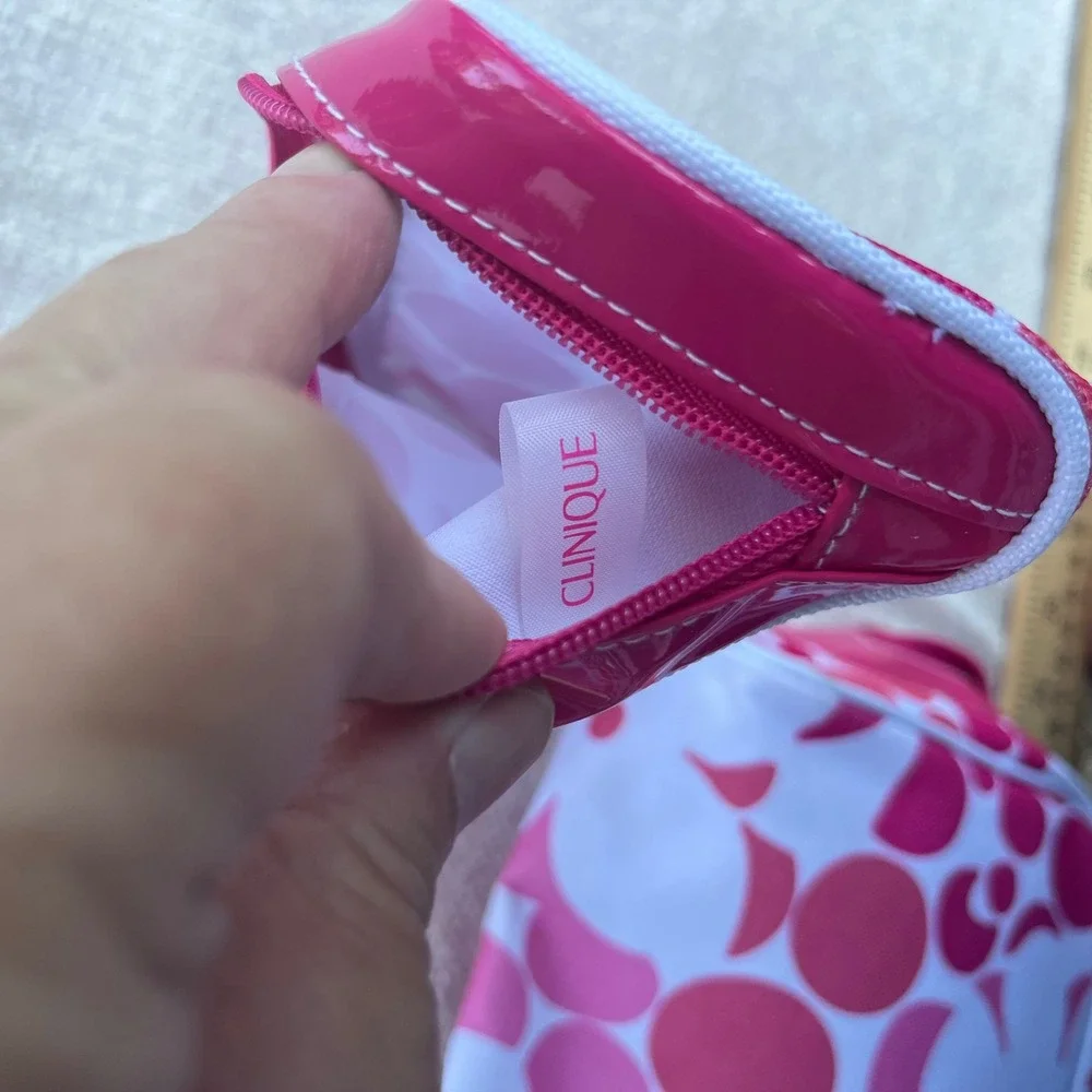 Clinique 2 Piece Makeup Bag Set Pink White Floral Polka Dot Cosmetic Travel Pouc